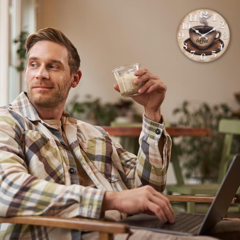 Keepcross Kitchen Wall Clock Coffee Cup Theme Rustic Modern Farmhouse Decor Glass Clock for Kitchen, Coffee Bar, Cafe - 8 Inch, Brown