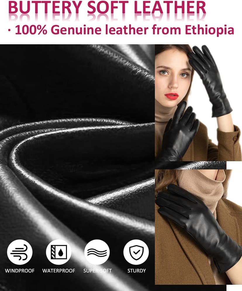 FEIQIAOSH Winter Leather Gloves for Women, Premium Sheepskin Warm Gloves for Cold Weather, Fleece Lining Touch Screen Glove