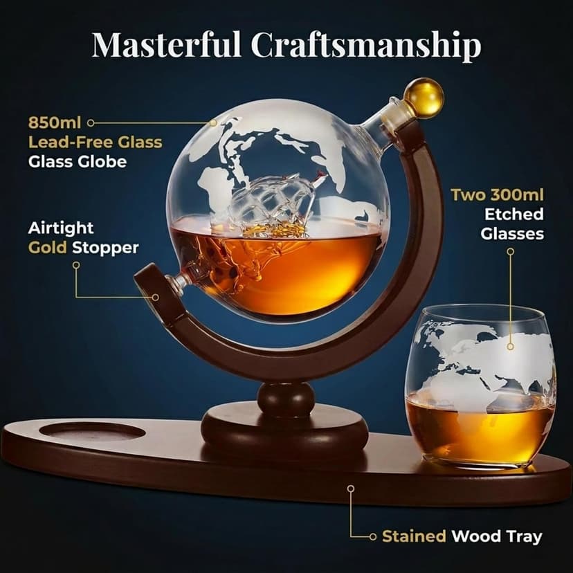 Gifts for Men, Whiskey Decanter Globe Set with 2 Etched Whiskey Glasses - for Liquor Scotch Bourbon Vodka, Gifts For Dad - 850ml