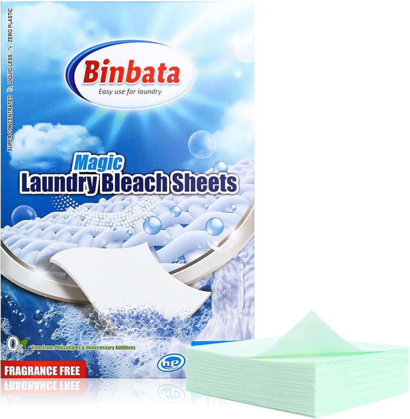 Binbata 2-in-1 Whitening Laundry Detergent Sheets 40 Loads, Unscented Hypoallergenic Eco Laundry Bleach Sheets Apply for white clothes, Effectively Remove Yellowing & Greying, Safe for Sensitive Skin