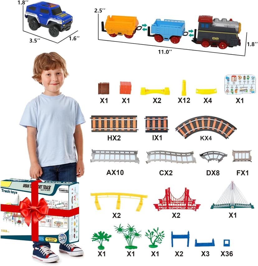 Electric Train Set for Kids Ages 4-8 with Train Tracks Set & Car Tracks Lights Up Bridge Road Sign Realistic Sound Train Track Accessories Playset Boy Toys Birthday 4 5 6 7 8+ Year Old