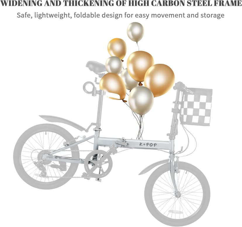 20 Inch Folding Bike with 7-Speed, Foldable Bikes for Adults, Lightweight Folding Bicycle with Basket, Fender, Front and Rear V-Brakes, Adjustable Seat