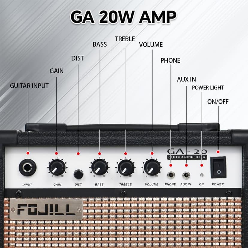 Fojill 20W Watt Electric Guitar Amplifier Amp Practice Small Portable Travel Mini Amp with 3.5 Headphone Jack Aux Distortion Gain Treble Bass Volume (Black, 20W)