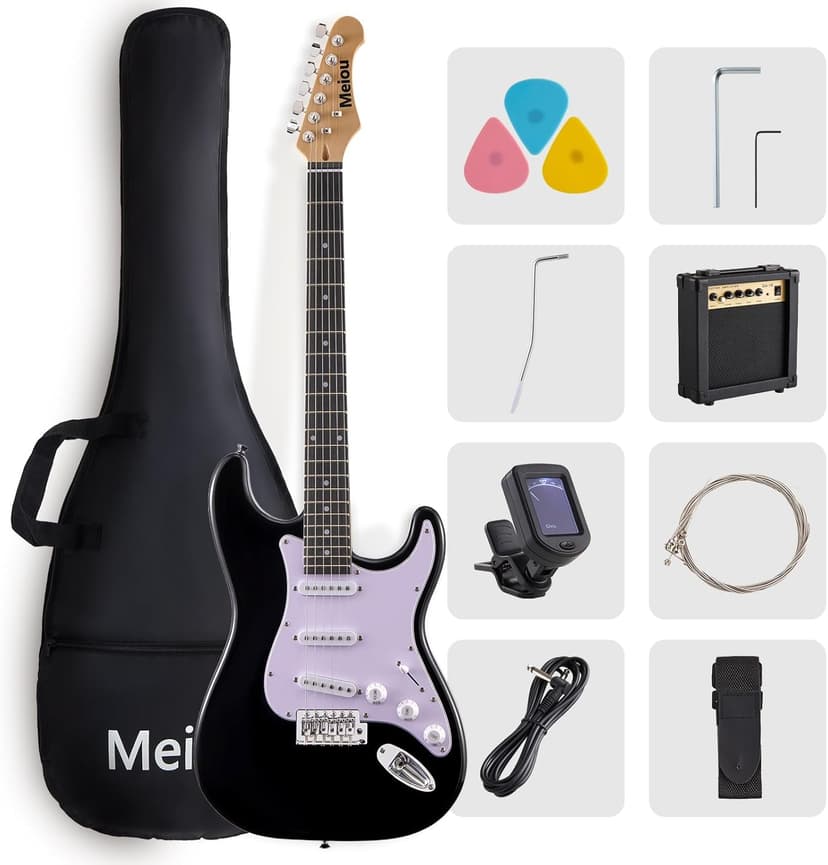 Meiou 39-Inch Electric Guitar Starter Kit ST Series-Complete starter kit with electric guitar, amp, strap, plectrum, tuner, strings, cable and guitar bag - Suitable for beginners (black)