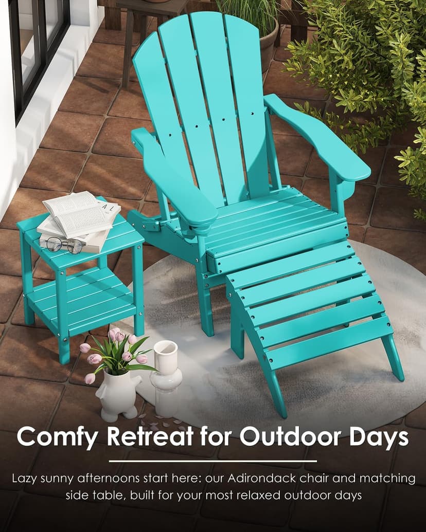 GREENVINES Folding-Adirondack-Chairs-Set-of-2 | w/Cup Holder | HDPE Plastic | All-Weather Patio Fire Pit Chairs | for Outdoor Poolside Deck | Aqua