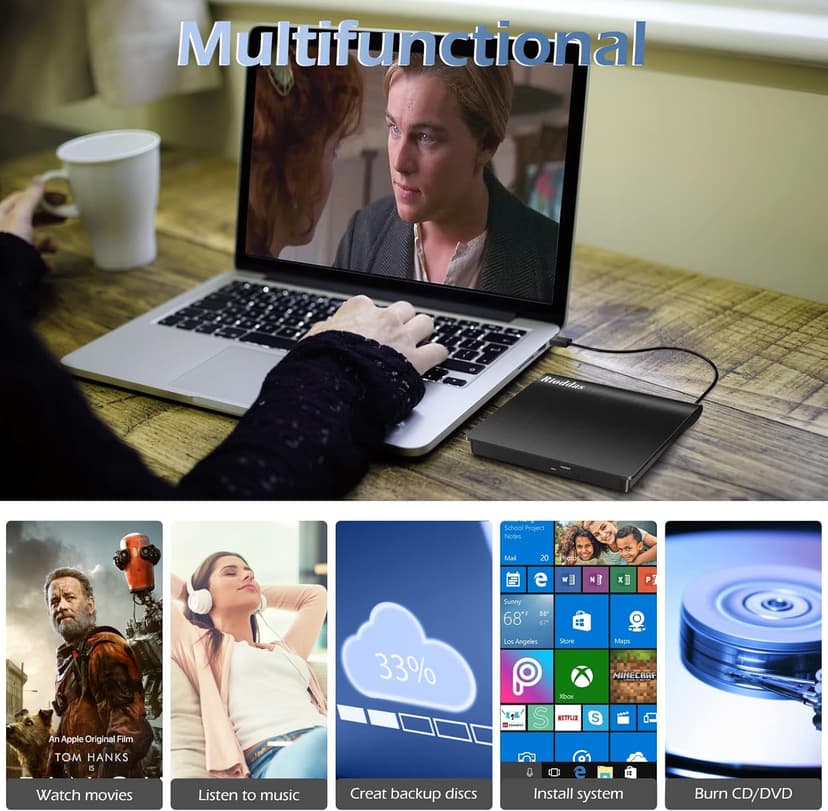 Rioddas External CD/DVD Drive for Laptop, USB 3.0 CD DVD Player Portable +/-RW Burner CD ROM Reader Writer Disk Duplicator Compatible with Laptop Desktop PC Windows Apple Mac Pro MacBook Linux