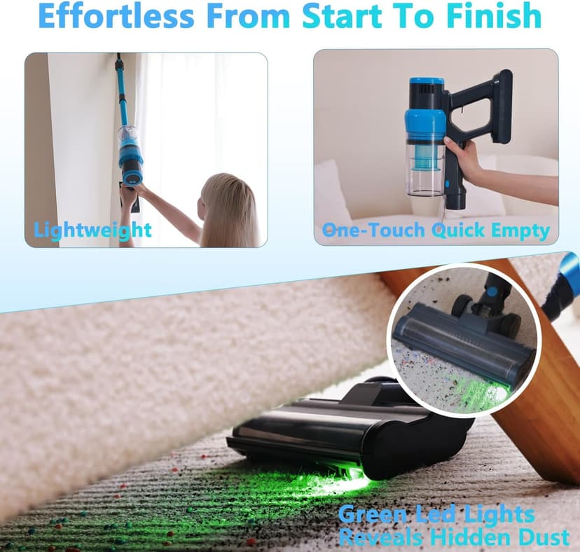 Cordless Vacuum Cleaner, 45kPa 60Min Vacuum Cleaners For Home, Powerful Stick Vacuum Rechargeable With Green Light, Anti tangle Wall Mount, 8 in 1 Lightweight Vacuum For Hardwood Floor Pet Hair Carpet