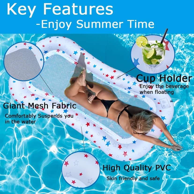 Pool Float Lounge Extra-Large Cooling Mesh Inflatable Raft with Cup Holder Ultra-Comfort Cooling Floating Lounger for Adults Beach Pool Lake Parties Summer Relaxation Essential