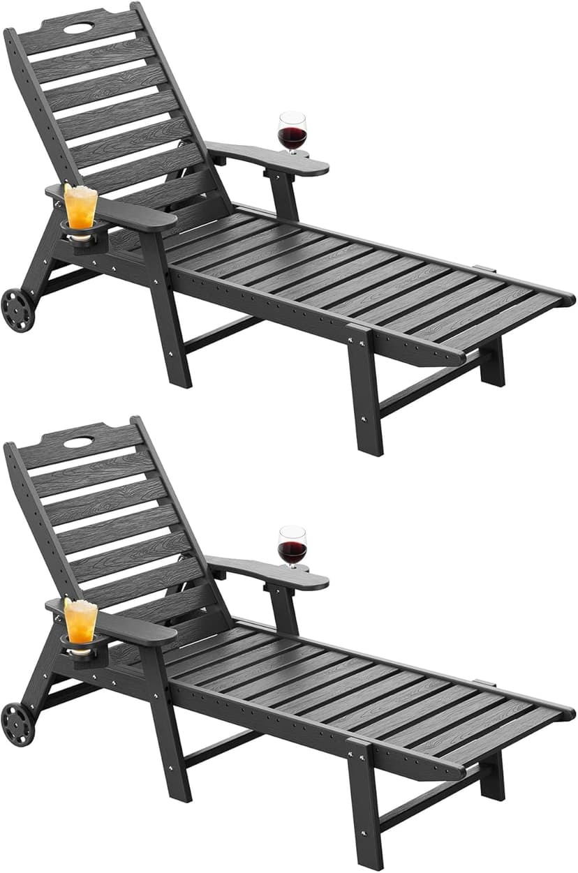 Carauci Lounge Chair Outdoor Set of 2, HDPE Chaise Lounge with Wheels, 5-Position Adjustable Backrest & 2 Cup Holders Patio Lounge Chair, All-Weather Pool Sun Lounger for Poolside, Backyard, Black