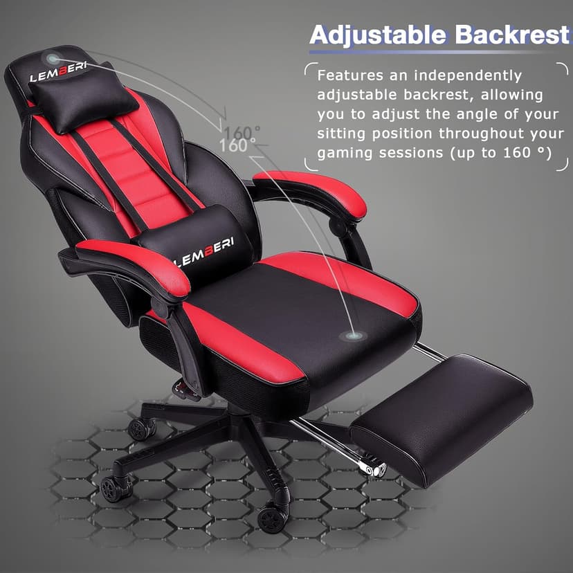 LEMBERI Big and Tall Gaming Chair 400lb Capacity, Heavy-Duty Office Chair with Reinforced Footrest, Wide Seat High Back PC Desk Chair with Linkage Armrests, Thickened Steel Frame, PU Leather, Red