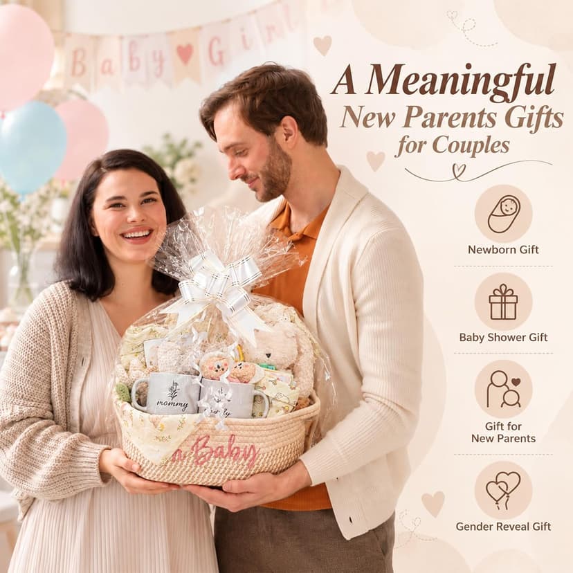 Baby Shower Gifts Set with a 0–6M Romper,39-Inch Swaddle,Sensory Books,Bunny Toy,Parent Mugs & Gift Basket Baby Girl Gift Basket,Newborn Baby Girl & New Parents Gift,New Mom Gifts B0H7WPNR2K