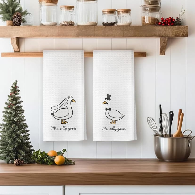Funny Mr and Mrs Silly Goose Kitchen Towels, Wedding Gifts for Couples Newlyweds Dish Tea Towels for Kitchen Decor, Just Married Gifts Decorative Hand Towels for Bathroom, 16x24 Inch Set of 2 B0F53MV9ZY