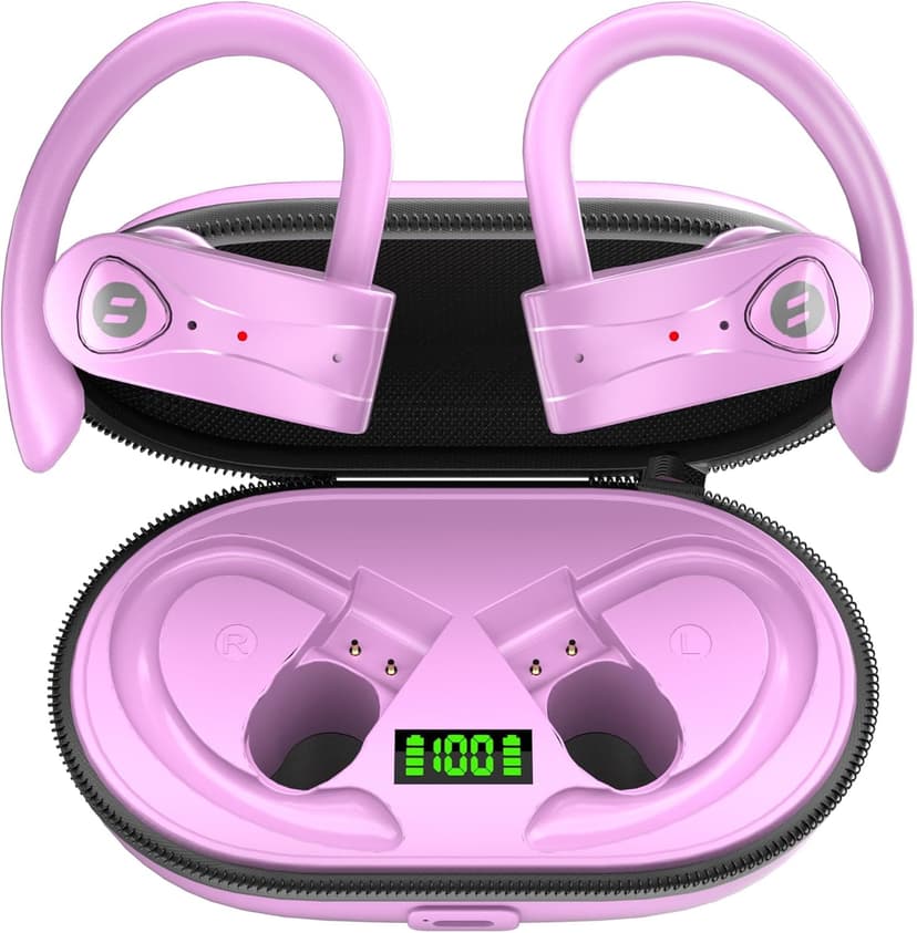 Bluetooth Headphones Noise Canceling 4 Mics Clear Call Stereo Bass Sound 60H Playtime Wireless Charging Case Over Ear Earphones LED Digital Display Headset with Earhooks for Sports Running Workout Gym