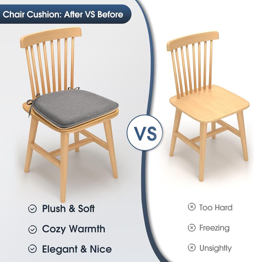 TushGuard Chair Cushions for Dining Chairs Set of 4, Soft Seat Cushions for Kitchen Chairs, Non-Slip Bottom with Ties, Comfortable Everyday Chair Pads, Grey