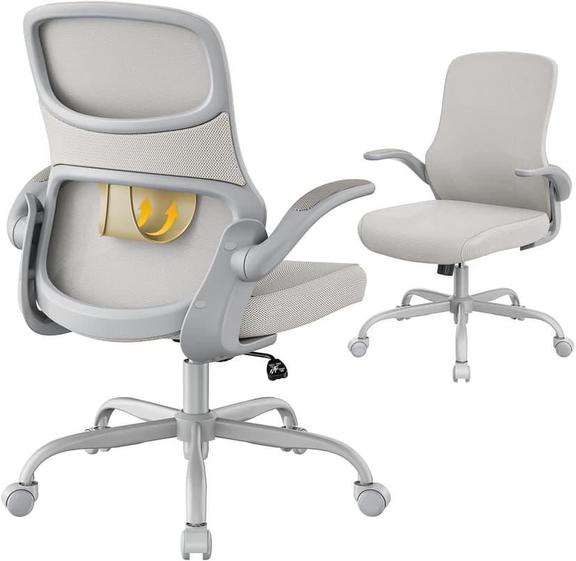 Office Chair, Mesh Ergonomic Desk Chairs, Comfy Computer Gaming Chair with Adjustable Height & Flip-up Armrest, Lumbar Support & Swivel Function for Home Office (Gray)