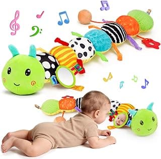 Baby Sensory Toy 0-6 Month Music Animal Stuffed Plush Caterpillar Toy for Infant 0-3-6-12 Month Old Tummy Time with Baby Mirror Crinkle Rattle Carseat Toys for Newborn Boys Girl Shower Gifts