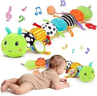 Baby Sensory Toy 0-6 Month Music Animal Stuffed Plush Caterpillar Toy for Infant 0-3-6-12 Month Old Tummy Time with Baby Mirror Crinkle Rattle Carseat Toys for Newborn Boys Girl Shower Gifts