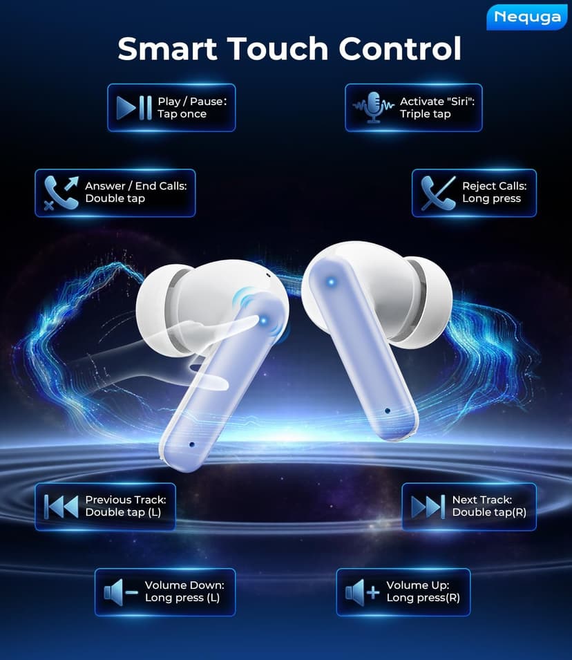 Nequga Wireless Earbuds Bluetooth Headphones, 50H Playtime Ear Buds with Mic, LED Digital Display Charging Case, IPX7 Waterproof, Deep Bass Stereo, in-Ear Earphone for iPhone Andriod Phone