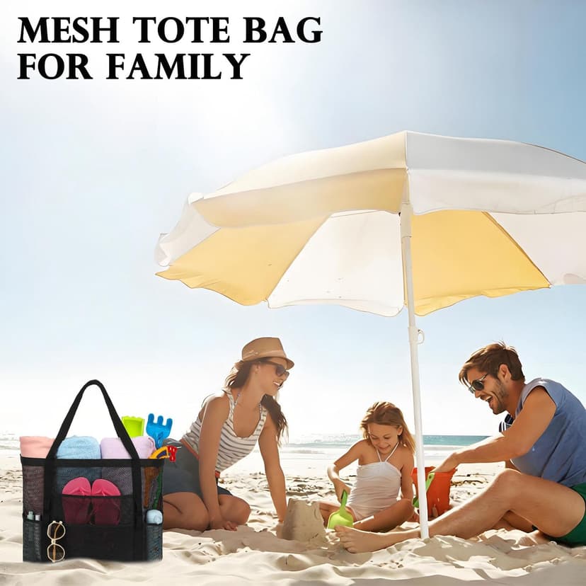 Fammart Mesh Beach Bag, Large Beach Tote with Zipper Pocket, Toys Pool Bag for Family Travel Vacation Cruise Essentials
