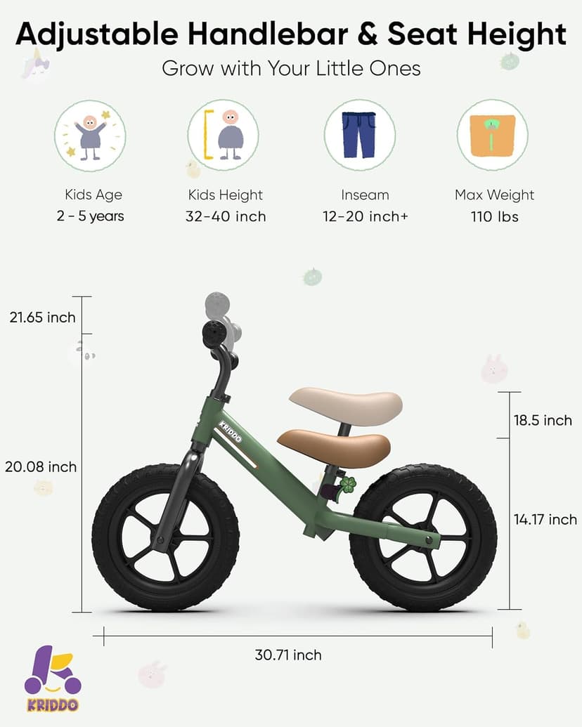 KRIDDO Toddler Balance Bike 2 Year Old, Kids Balance Bike for 2-5 Years Old, Dual Bearing for Smoother Riding, Adorable Plate, Adjustable Seat and Handlebar, Toddler Bike Gifts Age 2-3, Green