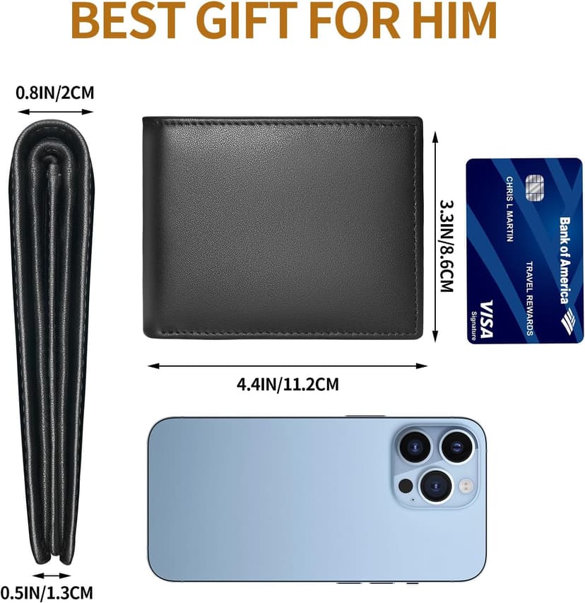 MARZAHAR Genuine Leather Mens Wallet, RFID Blocking Bifold Wallet for Men with ID Window, 11 Credit Card Slots (Black)