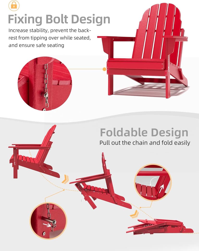 BUPPLEE Folding Adirondack Chair, 450 LBS Heavy Duty HDPE Poly Lumber Fire Pit Chair for Outside, All-Weather Resistant Plastic Adirondack Chairs for Patio, Garden, Deck & Backyard, Red