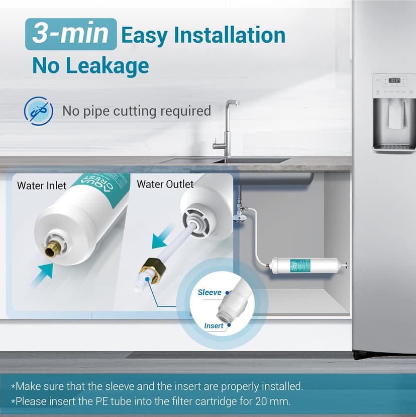AQUA CREST INL-PLUS 5 years Inline Water Filter for Refrigerator and Ice Maker, High Capacity, 1/4-Inch Direct Connect Fittings, Easy Installation, Reduces Chlorine, Sediment, Bad Taste & Odor