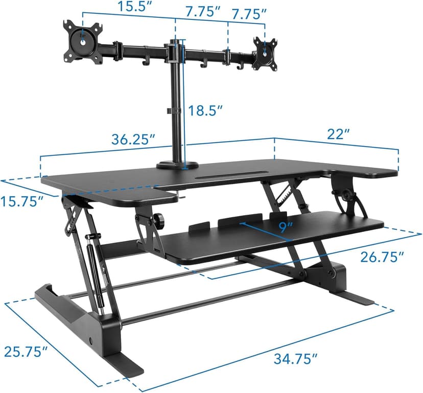 Mount-It! Standing Desk Converter Dual Monitor, 2 Screen Mounts Included, Height Adjustable Desk Riser in Black, Stand Up Desk Convertor Large 36" Wide, Sit Stand Convertor with Manual Lift Gas Spring