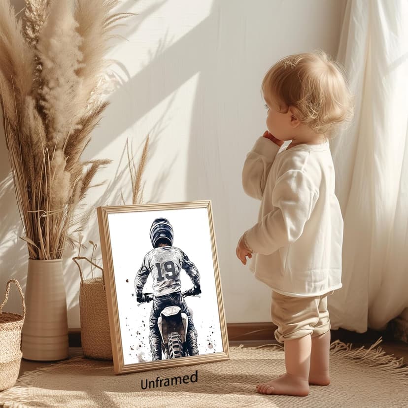 Motocross Wall Art MotoBike Art Prints Boy Room Decor Black&White Motorcycle Dirt Bike Motorcycle Helmet Canvas Pictures Artwork for Nursery Decor Kids Room Wall Decor,Set of 4(8”X10”inch,Unframed).