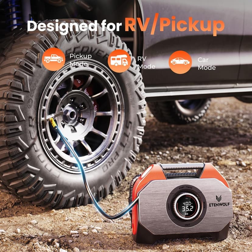 with 19200mAh for Heavy duty Vehicle, Car & Inflatables, 100% Duty Cycle & Dual Cylinder, Bike Pump with LED Backlight,Orange ETENWOLF VORTEX S6 Tire Inflator Portable Air Compressor, Cordless Air Pump B0CGLTPKBZ