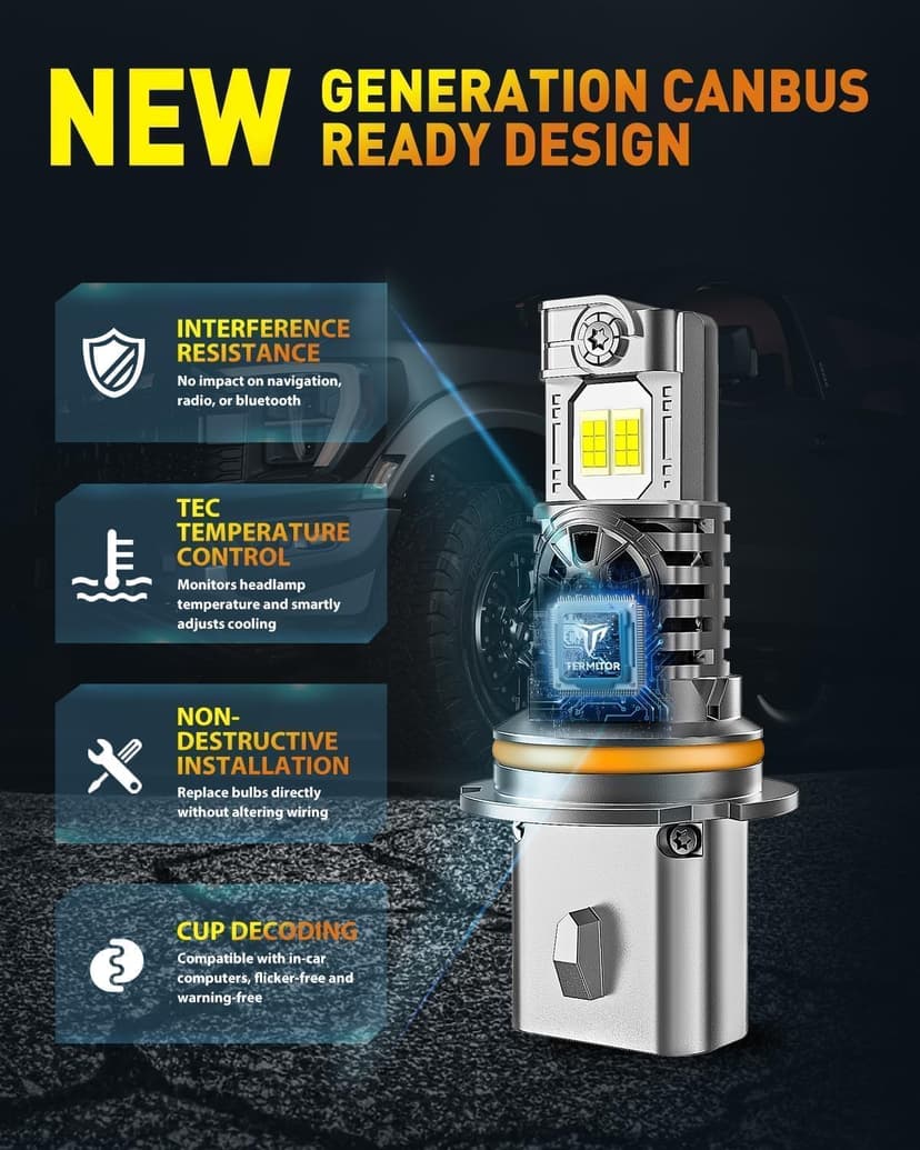 Termitor 2026 Latest 9007/HB5 Light Bulbs, 50,000LM Brightness High/Low Beam, 1:1 Mini Size 6500K Cool White IP68 Waterproof Automotive 9007 Fog Lights, 3-Minute Plug and Play Installation, Pack of 2