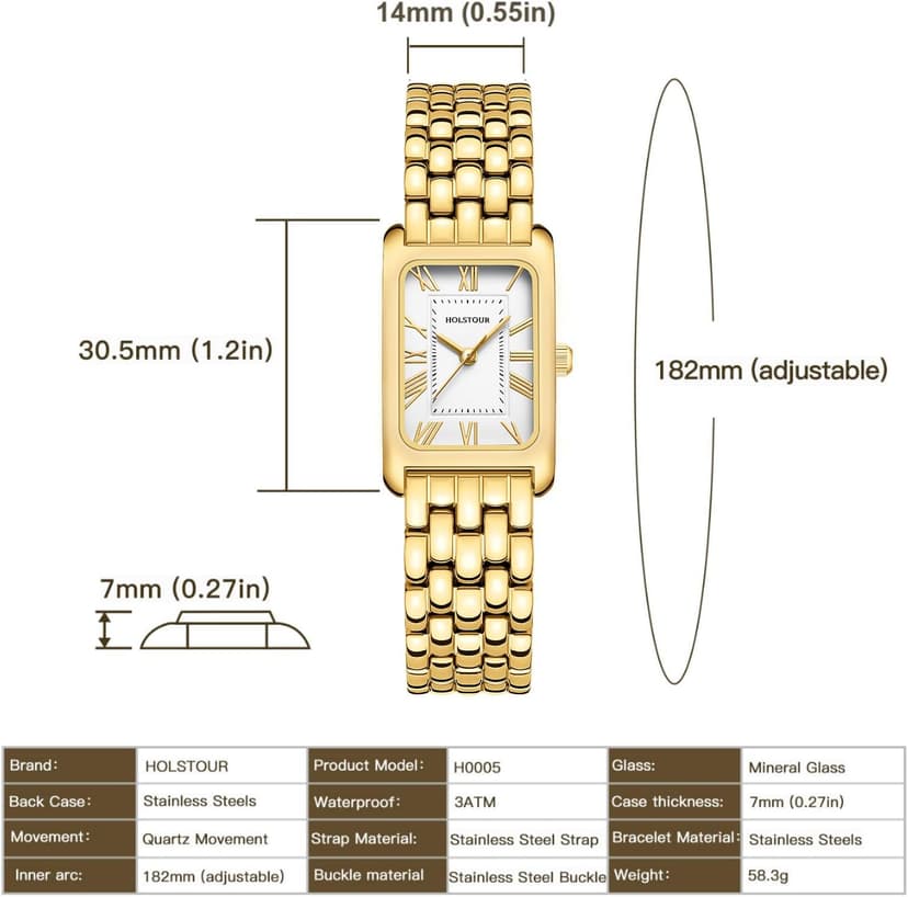 HOLSTOUR Watches for Women Vintage Bracelet Roman Dial Rectangular Case Gold Watch Waterproof with Tools