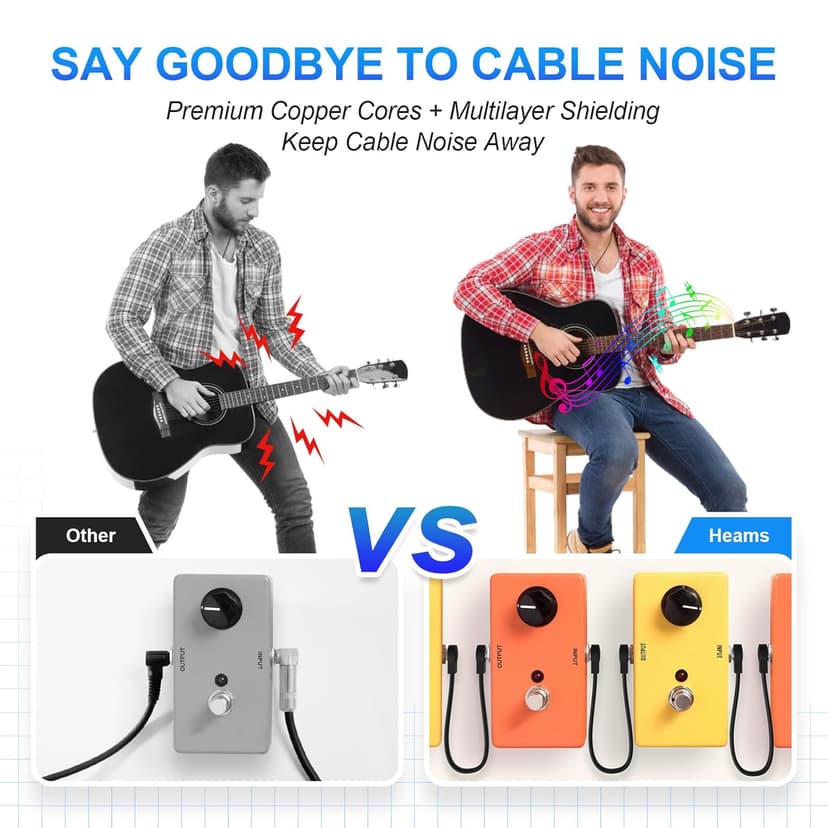 Heams Professional 6 Pack 6 Inch Guitar Patch Cables, Noise Free and Long-Lasting Guitar Pedal Cable, Low Profile Save More Space Pedal Board Cables, Right Angle Flat Patch Cable, Black