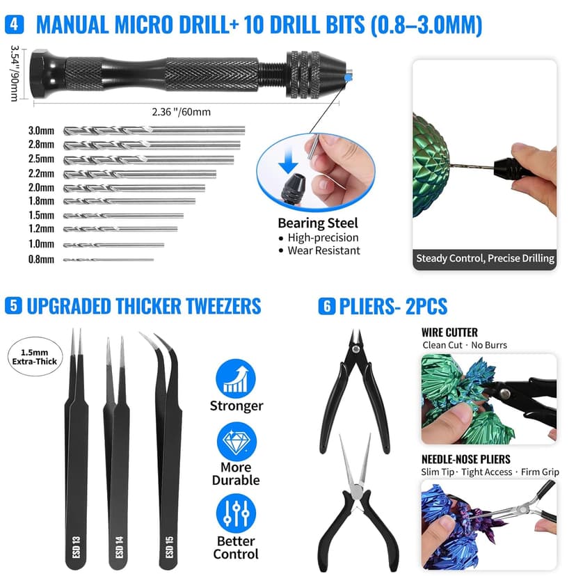 68Pcs 3D Printer Tools Kit with Storage Case, 3D Printer Accessories - Deburring Tool, 3D Printer Removing Scrapers, Metal Files, Brushes, Hand Drill, Tweezers, for Bambu Lab, Ender 3, Kobra, etc.