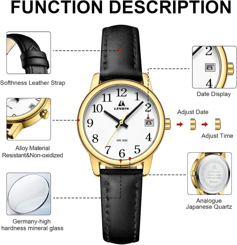 LN LENQIN Womens Watch Analog Quartz Waterproof Ladies Watches for Women Easy Read Women's Wrist Watches with Leather Strap Luminous Dial