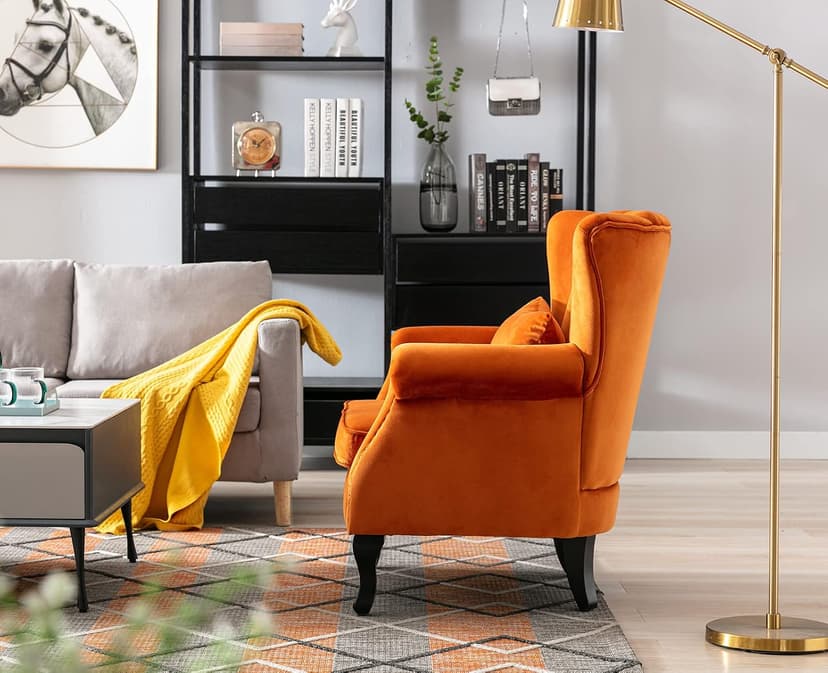Kmax Orange Accent Chair Velvet Wingback Chair with Pillow Nail-Head Channel Tufted Oversized Club Chair for Living Room Bedroom Guest Room