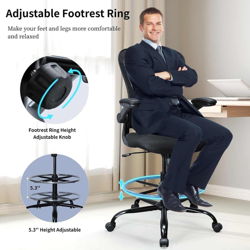 Drafting Chair, Ergonomic Tall Office Chair for Standing Desk, Counter Height Desk Chair with Adjustable Padded Armrests and Footrest Ring Standing Desk Chair Adjustable Height with Lumbar Support