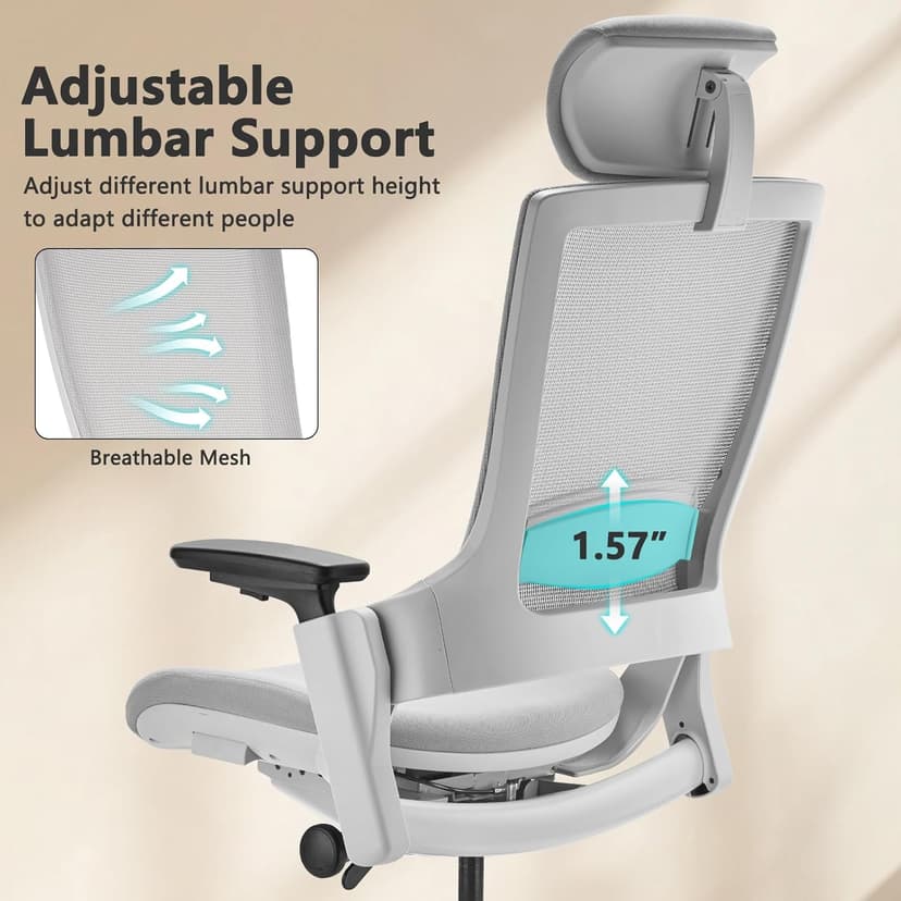 CLATINA Ergonomic High Swivel Executive Chair with Adjustable Height Head 3D Arm Rest Lumbar Support and Upholstered Back for Home Office Gray Mesh/High Back