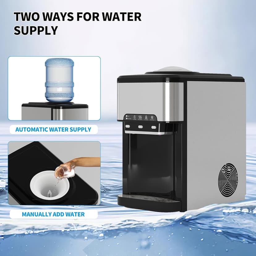 TABU 3-in-1 Countertop Water Dispenser&Ice Maker with 3 Temp Settings, 44LBS/24H, 4LBS Storage, Top-Loading, for 3-5 Gallon Bottles