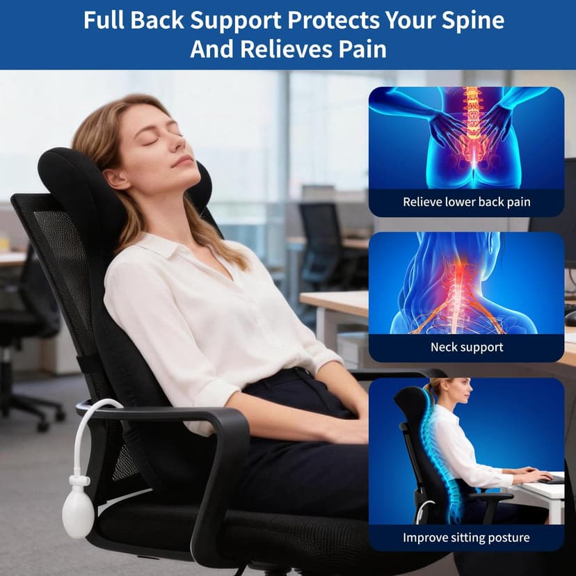 27.7'' Adjustable High Lumbar Support Pillow for Office Chair, Full Back Support Pillow for Upper Lower Back Pain Relief, Memory Foam Lumbar Cushion for Desk, Gaming Chair, Couch, Improves Posture