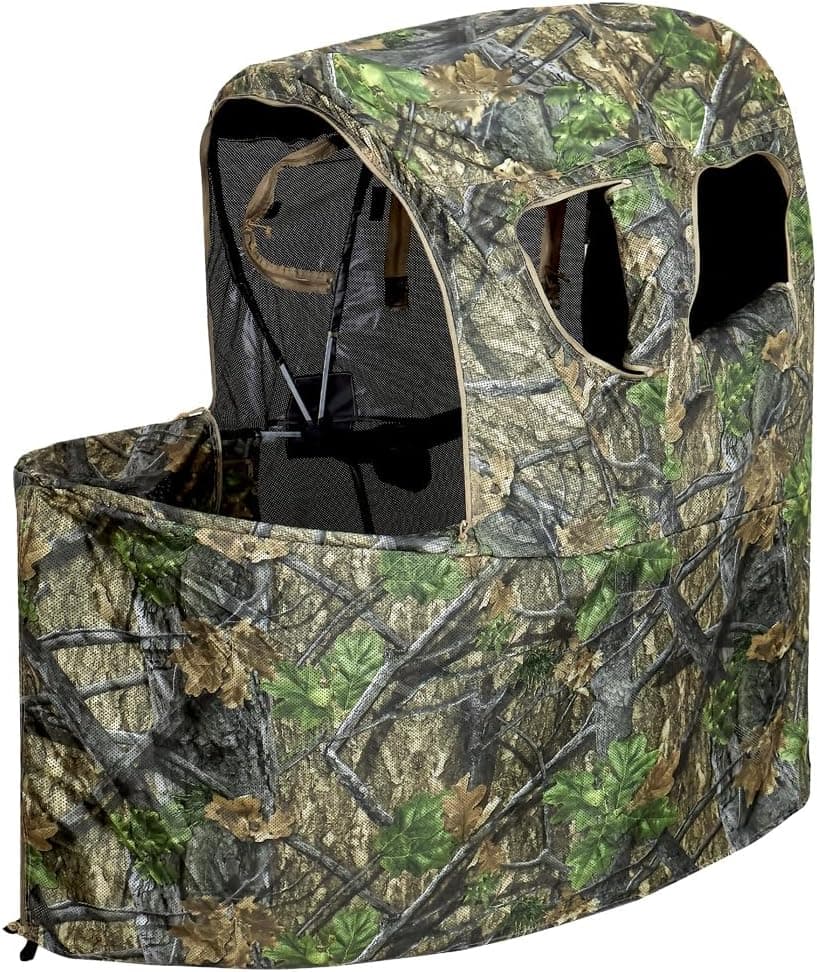 See-Through Hunting Ground Blind with Built-in Chair for Deer Hunting - 1 Person Pop-Up Camouflage Tent