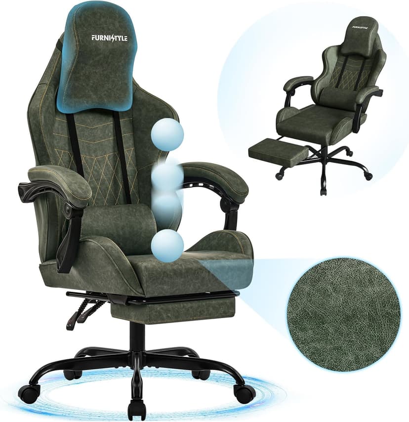 Gaming Chair Big and Tall, Green Leather Video Game Chairs with Footrest, Padded Linkage Armrests & Large Headrest, Ergonomic Computer Chair 350lbs for Adults Gaming or Office Use