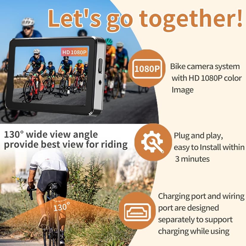 Bike Camera Rechargeable Battery 360° Rotation - Color Night Vision 3 Mins Easy Installation Wide View Handlebar 4.3'' HD 1080P Monitor Bicycle Rear View Camera for Mountain Ebike Wankskey
