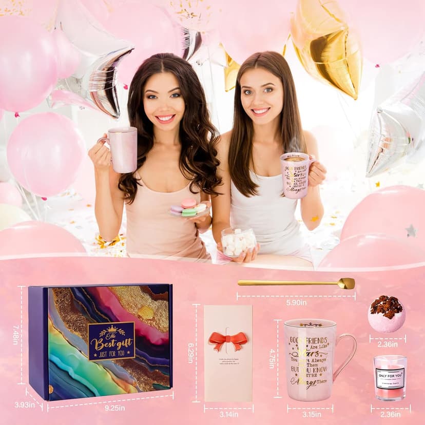 Best Friend Birthday Gifts for Women, Unique Friendship Gifts Ideas for Bestfriend, Female Besties, BFF Sister, 14oz Pink Marble Coffee Cup with Lid Spoon Card, Box, Best Friends Gift Basket Set of 6