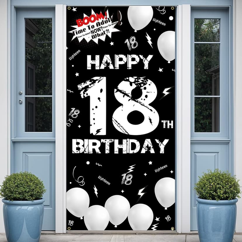 Fabric 18th Birthday Backdrop Banner Black White, Happy 18th Birthday Decoration for Men Women, 18 Year Old Birthday Party Yard Sign Photo Props Door Decor Supplies for Outdoor Indoor