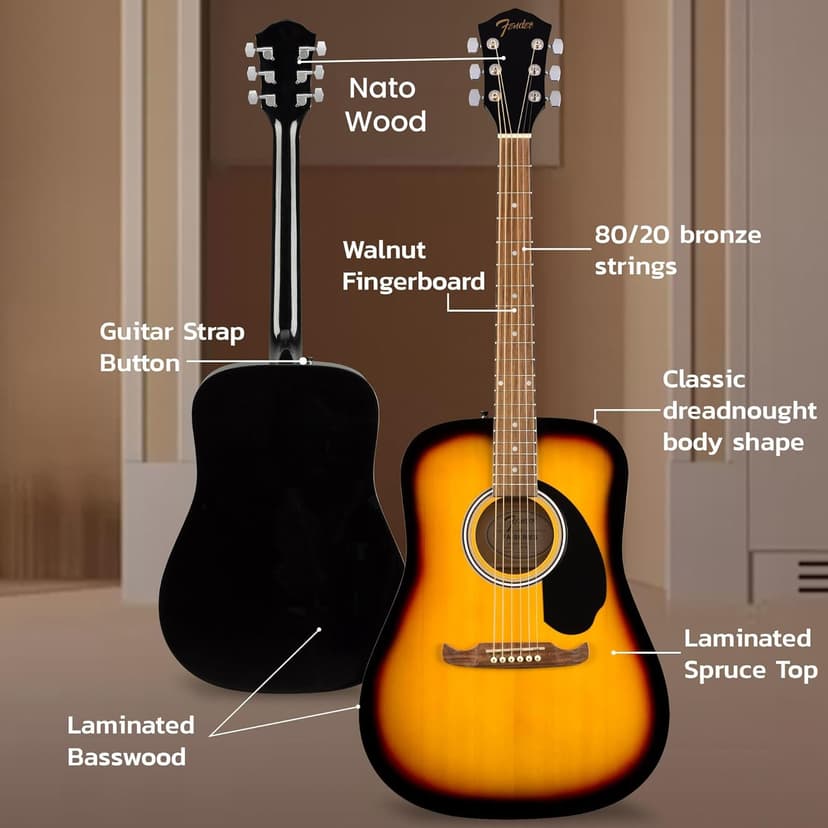 Fender FA-125 Acoustic Guitar - Sunburst Bundle with Gig Bag, Tuner, Strings, Strap, Picks, and Austin Bazaar Instructional DVD