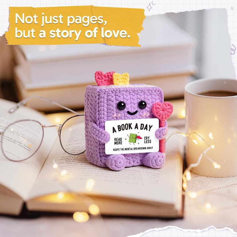 Funny Book-Themed Birthday Book Club Bookish Gifts for Reader, Librarian, Bookworm, Desk Decor, Handmade Book Lovers Gifts for Women, Girl, Book-Shaped Positive Support Crochet B0GL26L547
