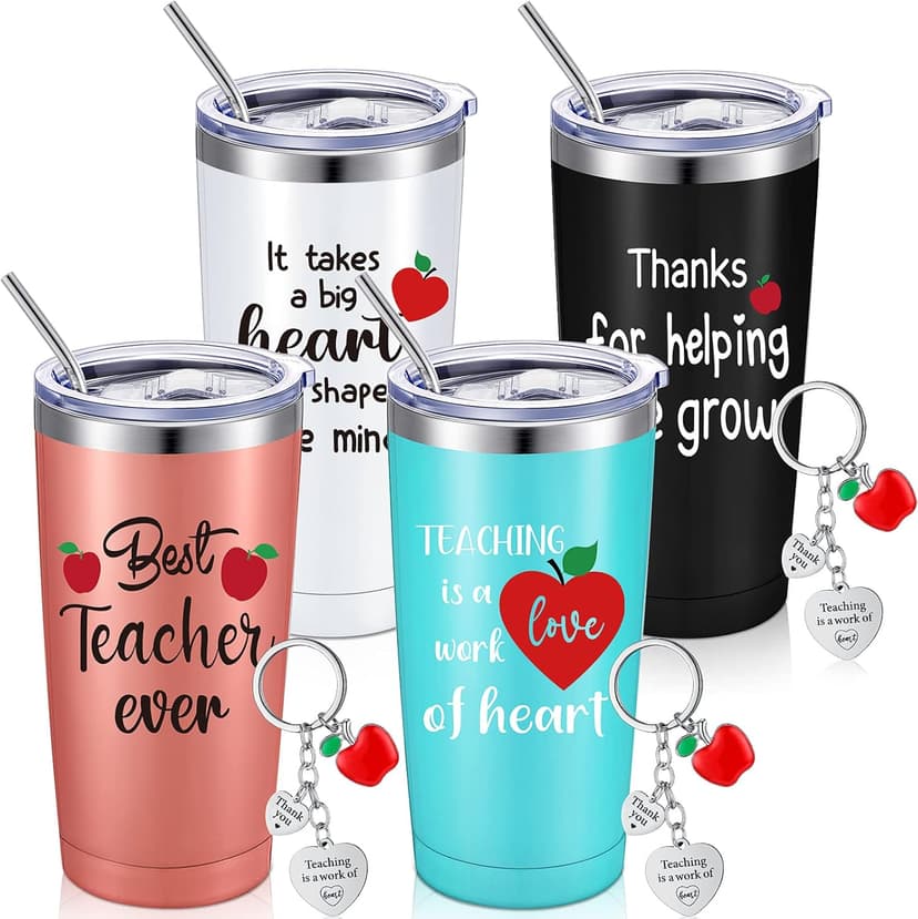 Yinder Valentines Gifts for Teachers Tumbler Set 4pcs Stainless Steel Tumblers with Keychains 12oz Insulated Mugs for Teachers Appreciation Presents Thank You Gifts Bulk Teacher Supplies(Apple)