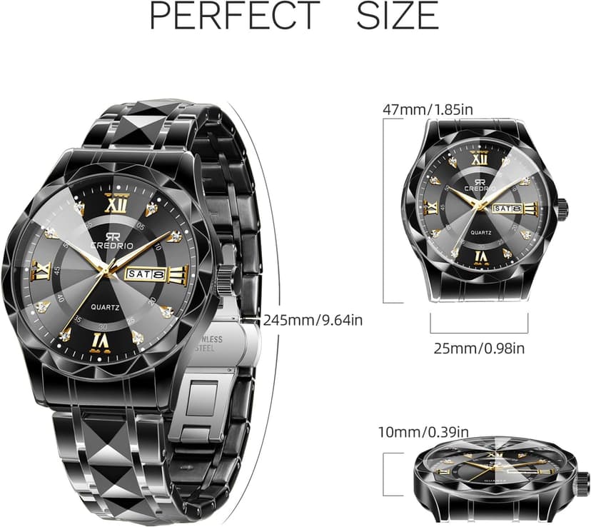 Credrio Watch for Men Stainless Steel Waterproof Diamond Business Dress Analog Quartz Luminous Date Two Tone Luxury Casual Wrist Watch