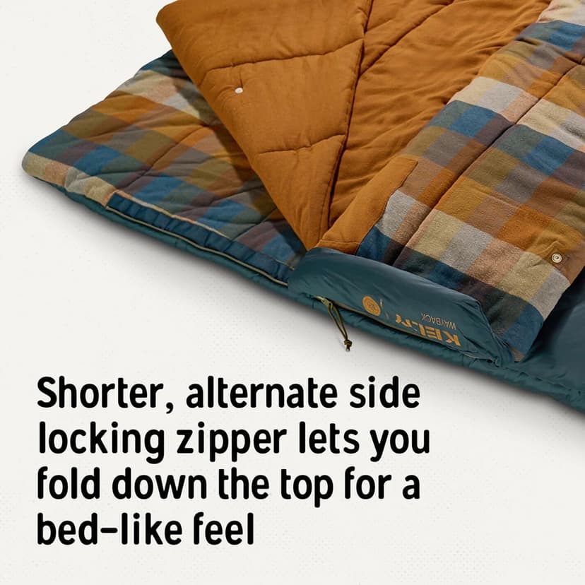 Kelty Wayback Flannel Lined Sleeping Bag, Built in Blanket, Traditional Rectangle Shape, Organic Flannel Cotton Liner, Dual Locking Slide Zips